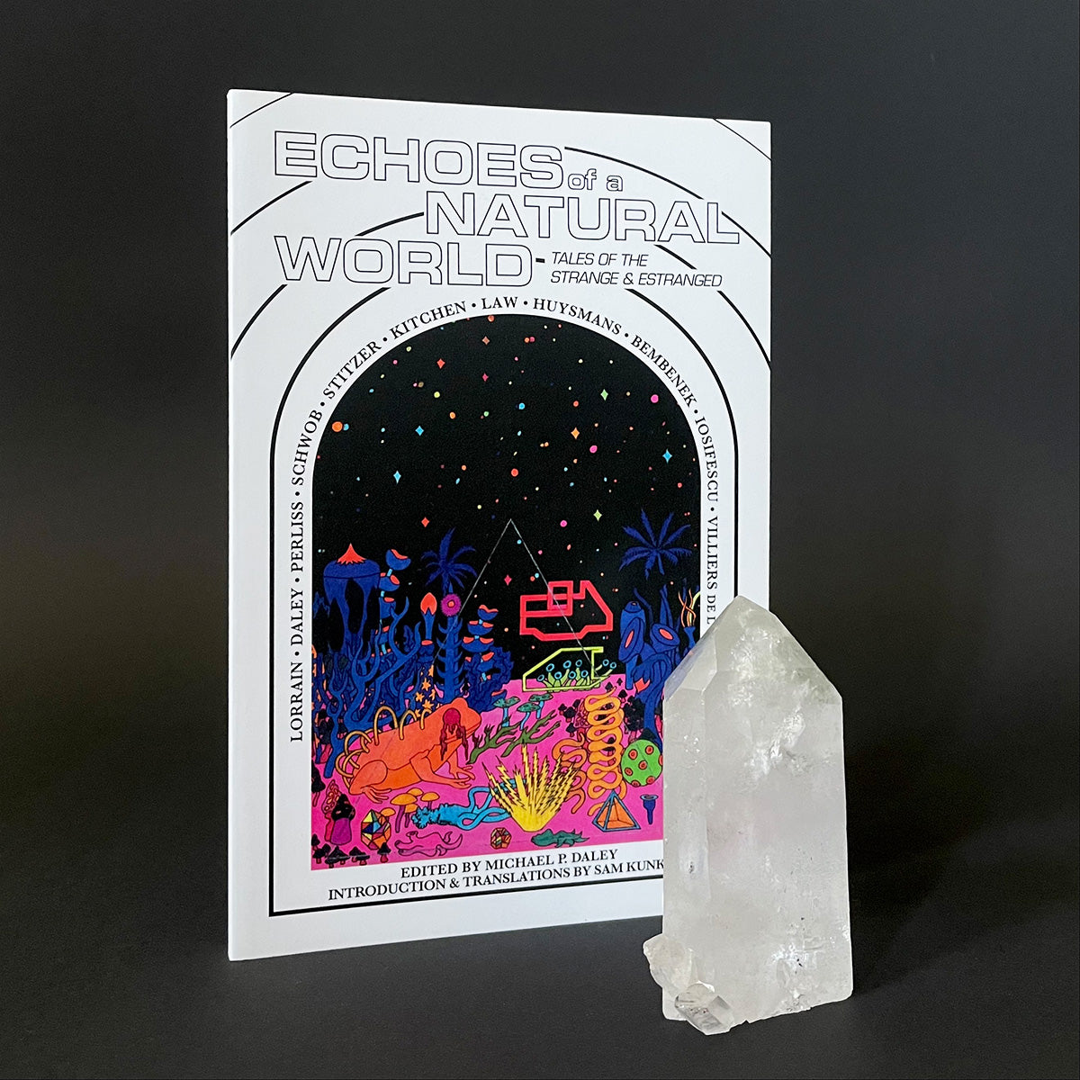 Book titled 'Echoes of a Natural World' with a crystal on a dark background