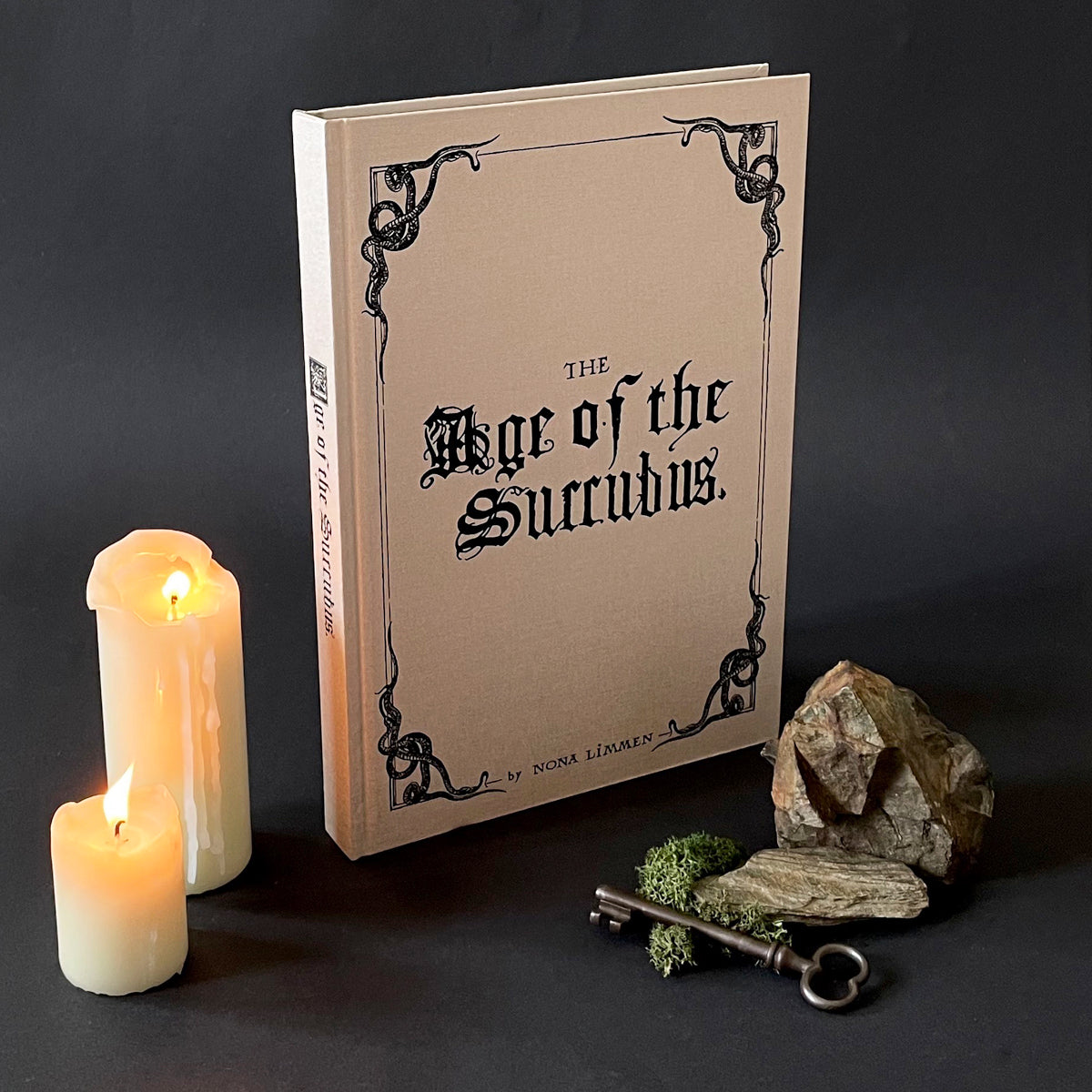 A cloth-covered hardcover book titled 'The Age of the Succubus' by Nona Limmen. The book is presented next to a small, decorative key, a candle, and a piece of driftwood, all arranged on a dark background.