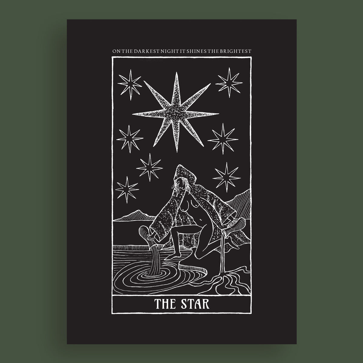 Tarot art print titled 'The Star' featuring a white star and illustrations of people with stars around, on a black background.