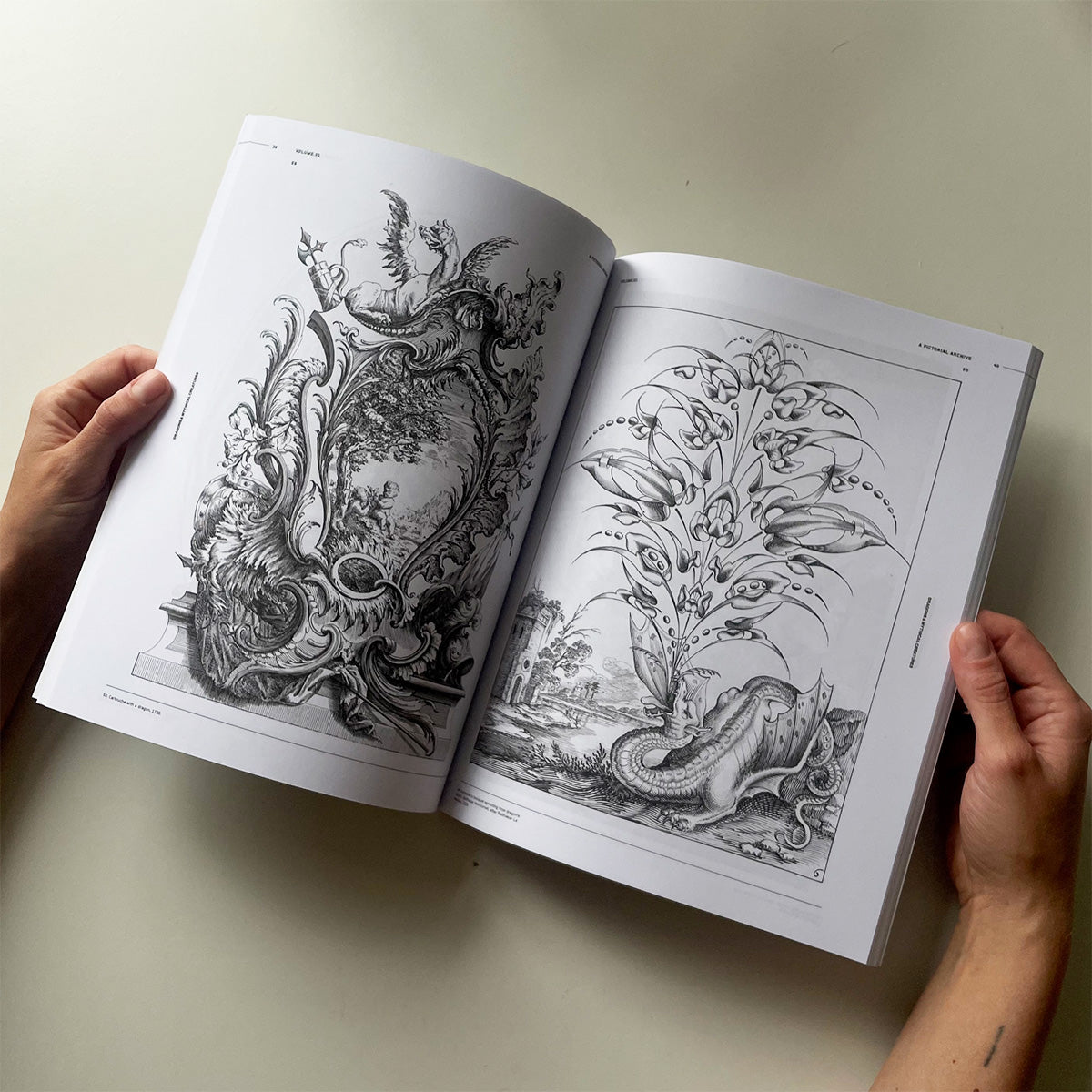 Open book displaying intricate black and white illustrations on a light surface.